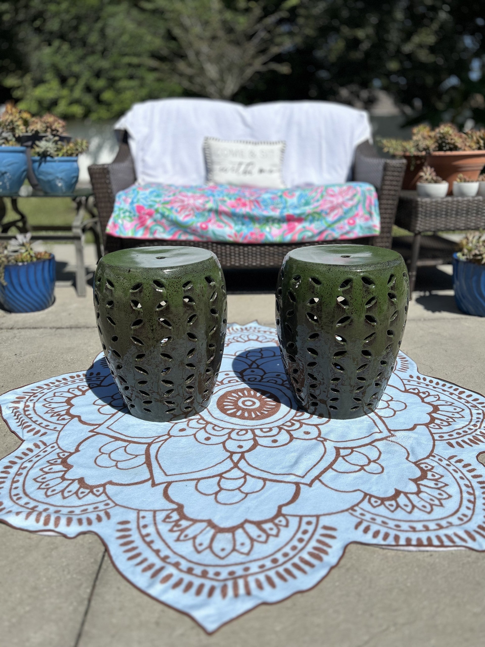 Garden Seat, Side Table or Plant Holder with Cutouts - Sesame Green