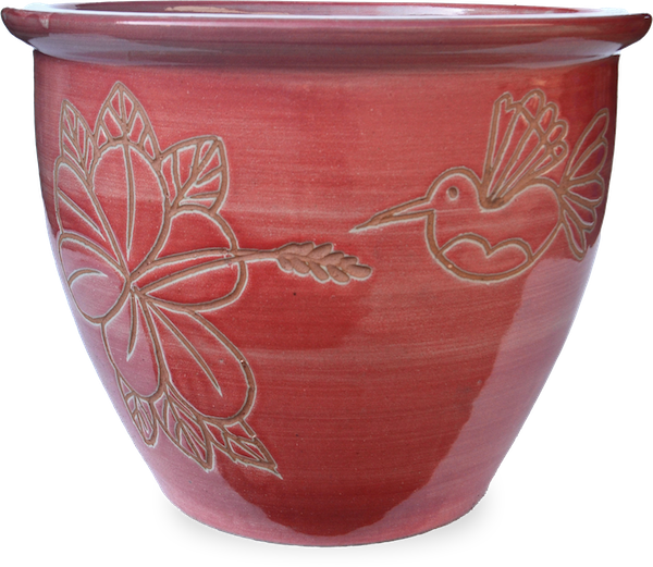 Hummingbird and Hibiscus Carving Garden Planter - Brushed Bright Red
