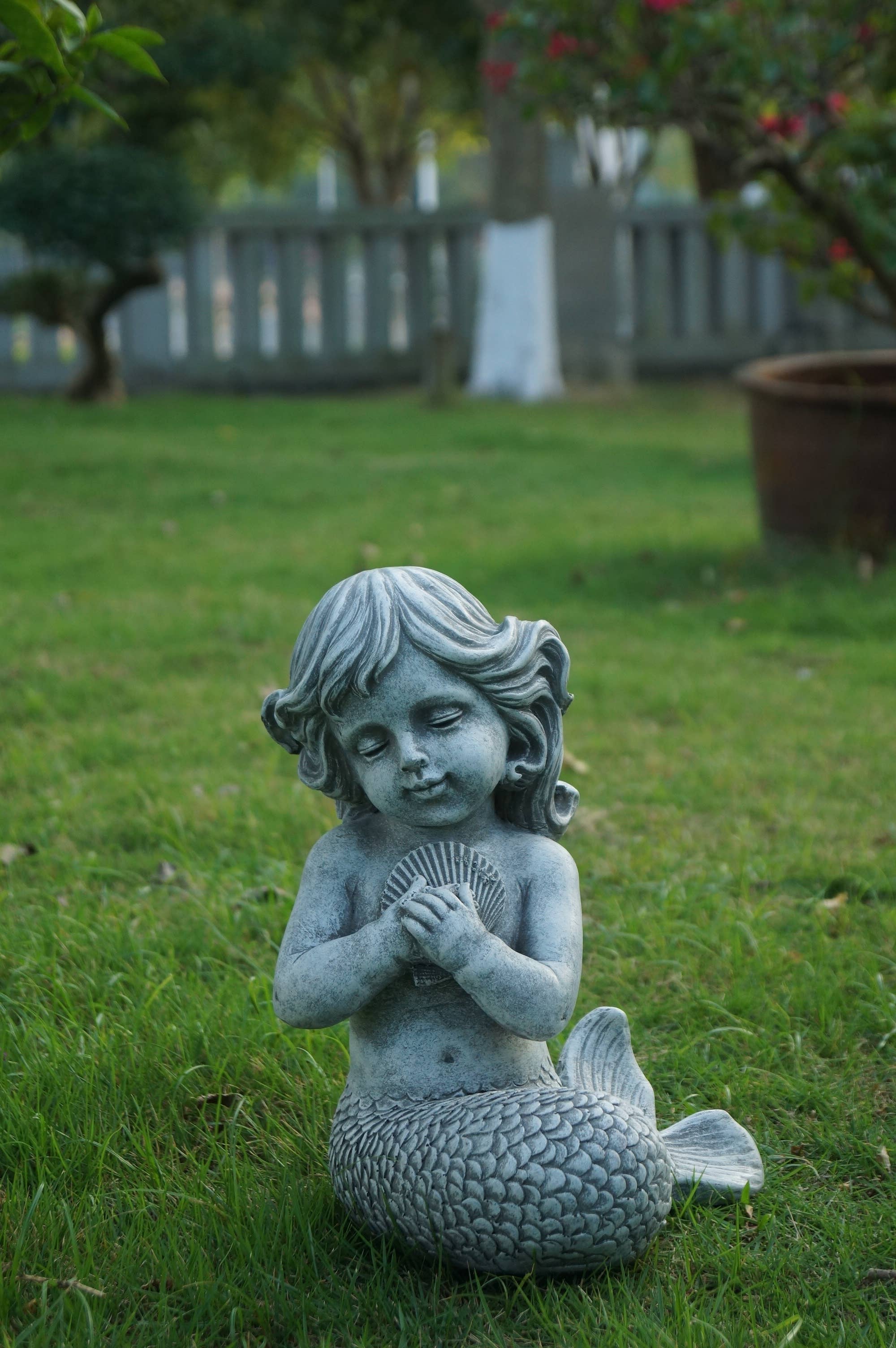 Kneeling Mermaid Statue Holding Shell